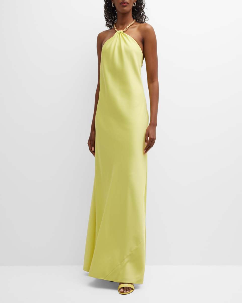 Chain-Strap A-Line Halter Gown